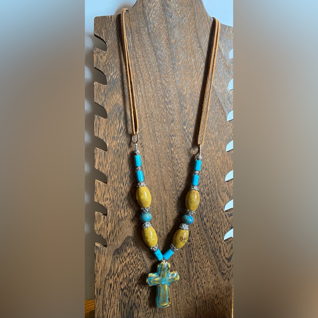 Beautiful Ceramic & Stone Beads On Wire & Cord Cross Focal Blues Dark Mustard